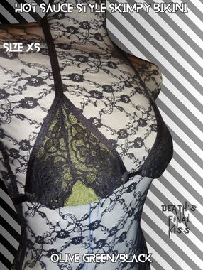 HTF Sexy Hot Sauce Style Olive Green Black Lace Skimpy Triangle Slider Bikini XS